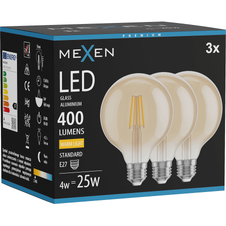 Mexen Vintis 3x LED filamentová žiarovka E27, G95, 4W, Teplá - 2700K, 400 lm, jantárová - L157-E27-0427-50x03