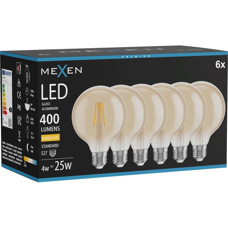 Mexen Vintis 6x Žiarovka filament LED E27, G95, 4W, Teplá - 2700K, 400 lm, jantárová - L157-E27-0427-50x06