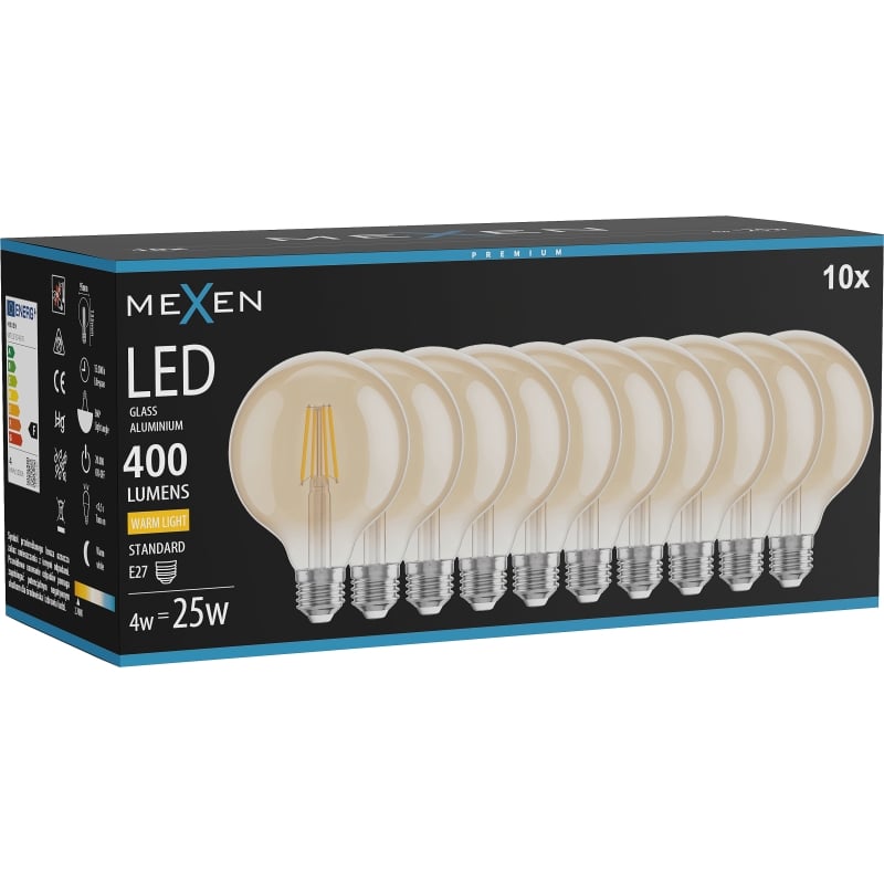 Mexen Vintis 10x LED filamentová žiarovka E27, G95, 4W, Teplá - 2700K, 400 lm, jantárová - L157-E27-0427-50x10