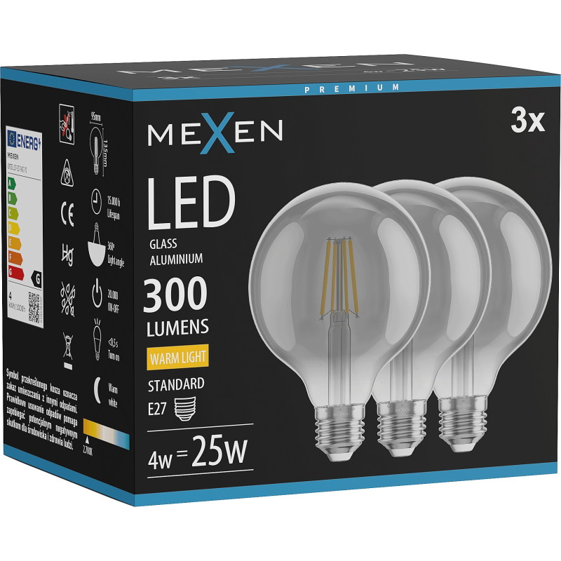 Mexen Vintis 3x LED žiarovka filament E27, G95, 4W, Teplá - 2700K, 300 lm, dymová - L157-E27-0427-70x03