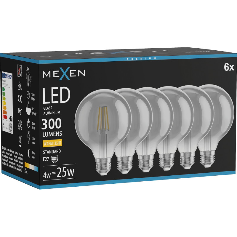 Mexen Vintis 6x Žiarovka filament LED E27, G95, 4W, Teplá - 2700K, 300 lm, dymová - L157-E27-0427-70x06