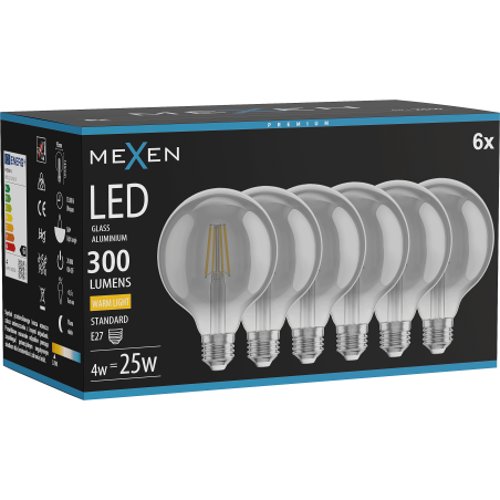 Mexen Vintis 6x Žiarovka filament LED E27, G95, 4W, Teplá - 2700K, 300 lm, dymová - L157-E27-0427-70x06