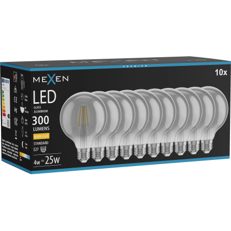 Mexen Vintis 10x LED žiarovka s vláknom E27, G95, 4W, Teplá - 2700K, 300 lm, dymová - L157-E27-0427-70x10