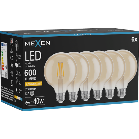 Mexen Vintis 6x Žiarovka filament LED E27, G95, 6W, Teplá - 2200K, 600 lm, jantárová - L157-E27-0622-50x06