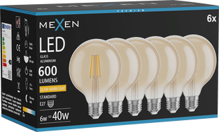 Mexen Vintis 6x Žiarovka filament LED E27, G95, 6W, Teplá - 2200K, 600 lm, jantárová - L157-E27-0622-50x06