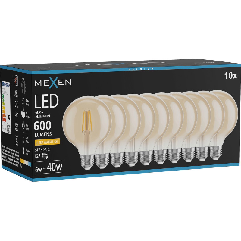 Mexen Vintis 10x žiarovka filament LED E27, G95, 6W, Teplá - 2200K, 600 lm, jantár - L157-E27-0622-50x10