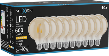 Mexen Vintis 10x žiarovka filament LED E27, G95, 6W, Teplá - 2200K, 600 lm, jantár - L157-E27-0622-50x10