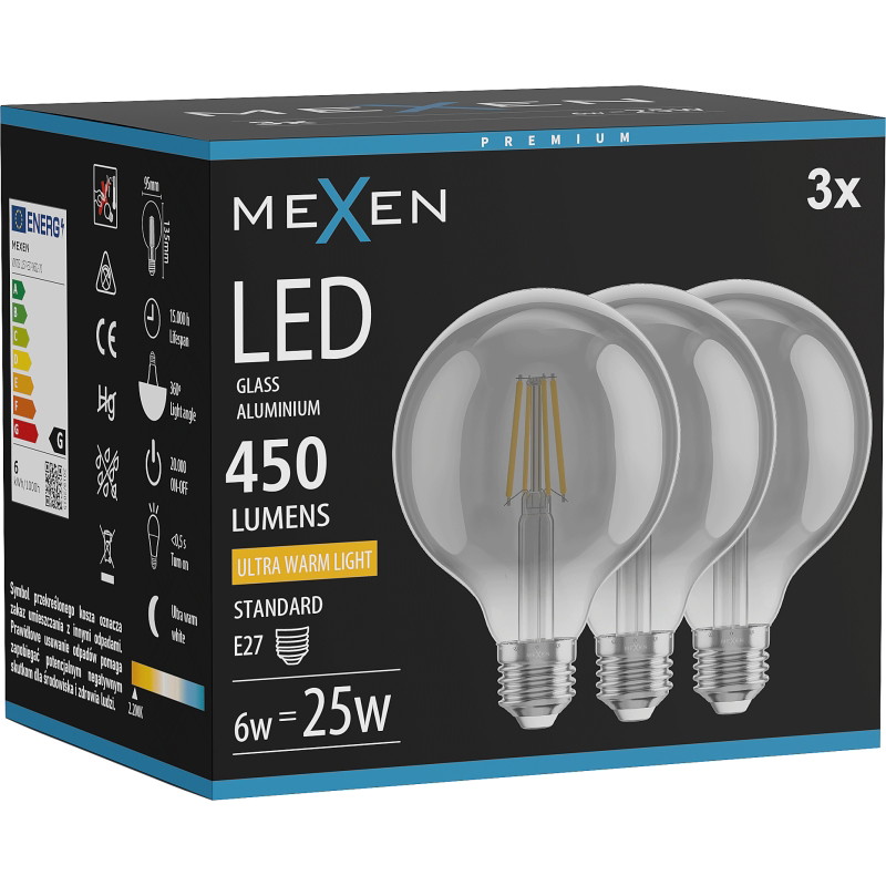 Mexen Vintis 3x žiarovka filament LED E27, G95, 6W, Teplá - 2200K, 450 lm, dymová - L157-E27-0622-70x03
