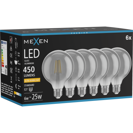 Mexen Vintis 6x Žiarovka filament LED E27, G95, 6W, Tepelná - 2200K, 450 lm, dymová - L157-E27-0622-70x06