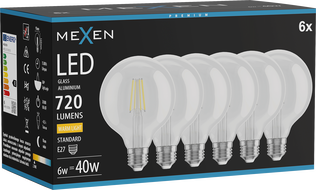 Mexen Vintis 6x Žiarovka filament LED E27, G95, 6W, Teplá - 2700K, 720 lm, číra - L157-E27-0627-00x06