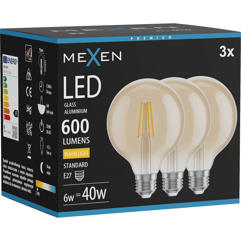 Mexen Vintis 3x žiarovka filament LED E27, G95, 6W, Teplá - 2700K, 600 lm, jantárová - L157-E27-0627-50x03
