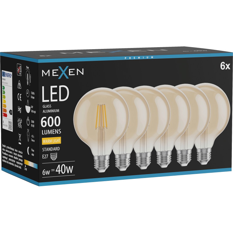 Mexen Vintis 6x LED žiarovka s filamentom E27, G95, 6W, Teplá - 2700K, 600 lm, amber - L157-E27-0627-50x06