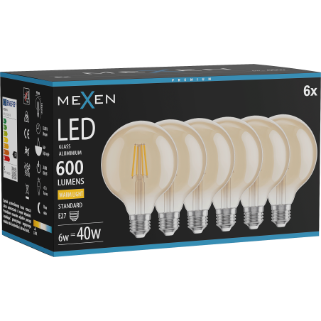 Mexen Vintis 6x LED žiarovka s filamentom E27, G95, 6W, Teplá - 2700K, 600 lm, amber - L157-E27-0627-50x06