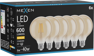 Mexen Vintis 6x LED žiarovka s filamentom E27, G95, 6W, Teplá - 2700K, 600 lm, amber - L157-E27-0627-50x06