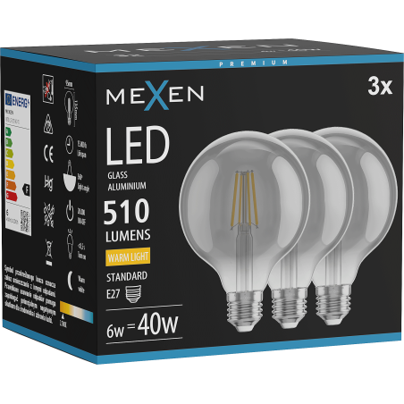 Mexen Vintis 3x LED filamentová žiarovka E27, G95, 6W, Teplá - 2700K, 510 lm, dym - L157-E27-0627-70x03