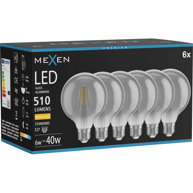 Mexen Vintis 6x LED filamentová žiarovka E27, G95, 6W, Teplá - 2700K, 510 lm, dymová - L157-E27-0627-70x06