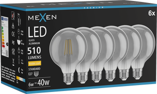Mexen Vintis 6x LED filamentová žiarovka E27, G95, 6W, Teplá - 2700K, 510 lm, dymová - L157-E27-0627-70x06