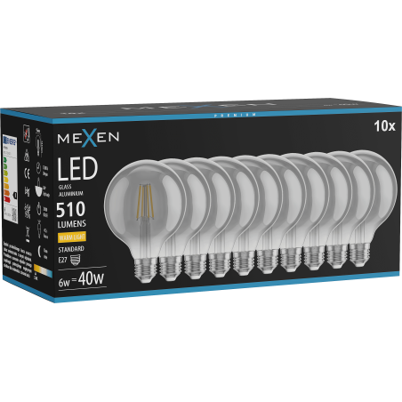 Mexen Vintis 10x žiarovka filament LED E27, G95, 6W, Teplá - 2700K, 510 lm, dymová - L157-E27-0627-70x10