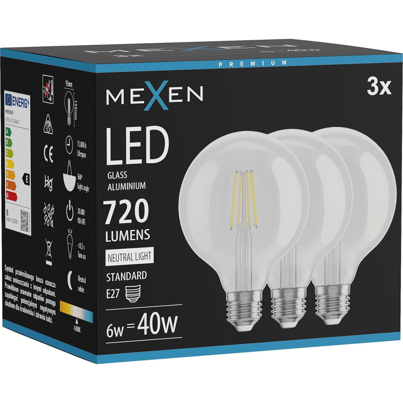 Mexen Vintis 3x LED vlákno žiarovka E27, G95, 6W, Neutrálna - 4000K, 720 lm, číra - L157-E27-0640-00x03