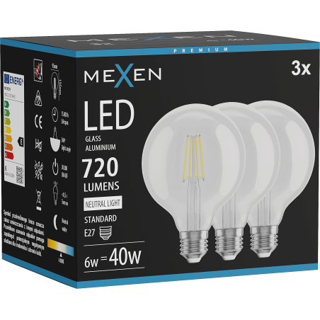 Mexen Vintis 3x LED vlákno žiarovka E27, G95, 6W, Neutrálna - 4000K, 720 lm, číra - L157-E27-0640-00x03