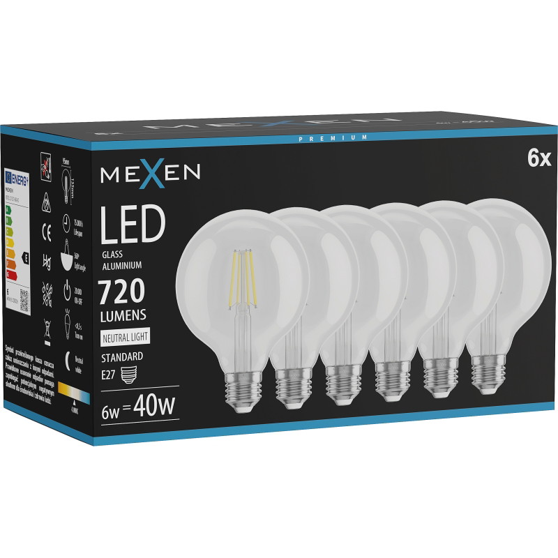 Mexen Vintis 6x Žiarovka filament LED E27, G95, 6W, Neutrálna - 4000K, 720 lm, číra - L157-E27-0640-00x06