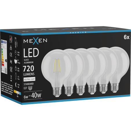 Mexen Vintis 6x Žiarovka filament LED E27, G95, 6W, Neutrálna - 4000K, 720 lm, číra - L157-E27-0640-00x06