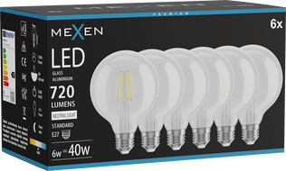 Mexen Vintis 6x Žiarovka filament LED E27, G95, 6W, Neutrálna - 4000K, 720 lm, číra - L157-E27-0640-00x06