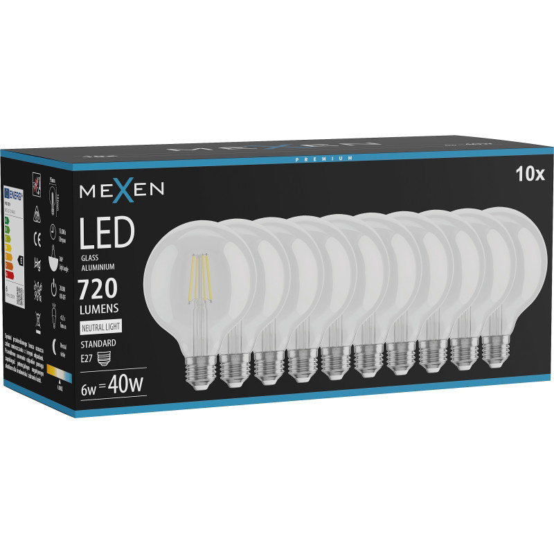 Mexen Vintis 10x LED vlákno žiarovka E27, G95, 6W, Neutrálna - 4000K, 720 lm, číra - L157-E27-0640-00x10