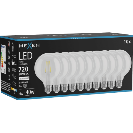 Mexen Vintis 10x LED vlákno žiarovka E27, G95, 6W, Neutrálna - 4000K, 720 lm, číra - L157-E27-0640-00x10