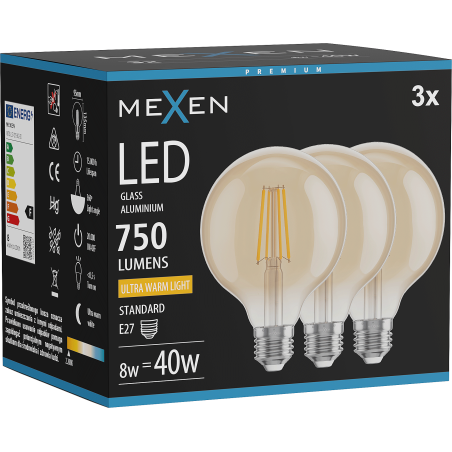 Mexen Vintis 3x Žiarovka filament LED E27, G95, 8W, Teplá - 2200K, 750 lm, jantárová - L157-E27-0822-50x03