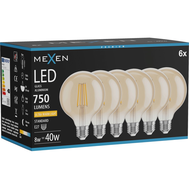 Mexen Vintis 6x Žiarovka filament LED E27, G95, 8W, Teplá - 2200K, 750 lm, amber - L157-E27-0822-50x06