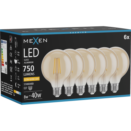 Mexen Vintis 6x Žiarovka filament LED E27, G95, 8W, Teplá - 2200K, 750 lm, amber - L157-E27-0822-50x06