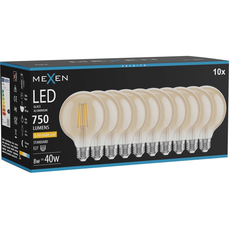 Mexen Vintis 10x LED vlákno žiarovka E27, G95, 8W, Teplá - 2200K, 750 lm, jantárová - L157-E27-0822-50x10