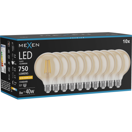 Mexen Vintis 10x LED vlákno žiarovka E27, G95, 8W, Teplá - 2200K, 750 lm, jantárová - L157-E27-0822-50x10