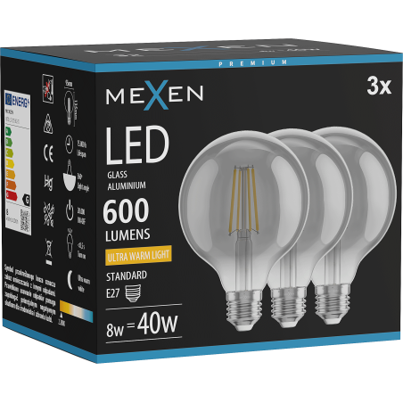 Mexen Vintis 3x LED žiarovka filament E27, G95, 8W, Teplá - 2200K, 600 lm, smoke - L157-E27-0822-70x03