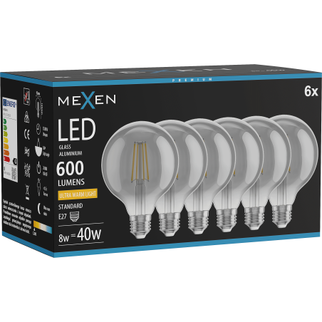 Mexen Vintis 6x LED filamentová žiarovka E27, G95, 8W, Teplá - 2200K, 600 lm, smoke - L157-E27-0822-70x06