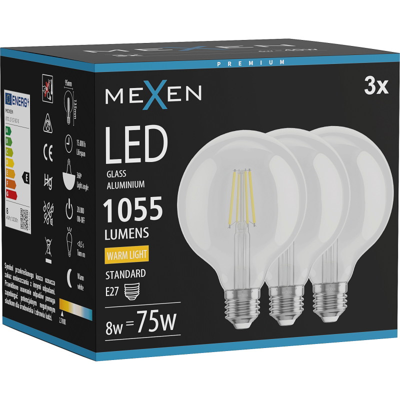 Mexen Vintis 3x žiarovka filament LED E27, G95, 8W, Teplá - 2700K, 1055 lm, číra - L157-E27-0827-00x03
