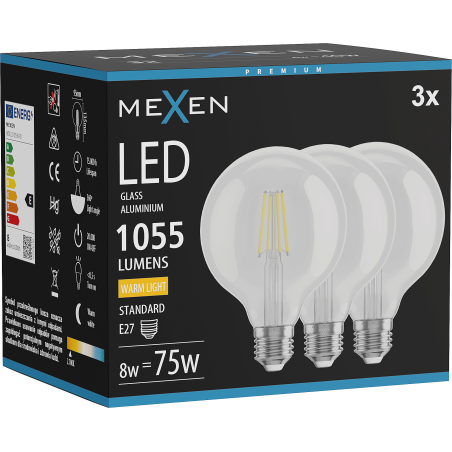 Mexen Vintis 3x žiarovka filament LED E27, G95, 8W, Teplá - 2700K, 1055 lm, číra - L157-E27-0827-00x03