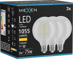 Mexen Vintis 3x žiarovka filament LED E27, G95, 8W, Teplá - 2700K, 1055 lm, číra - L157-E27-0827-00x03