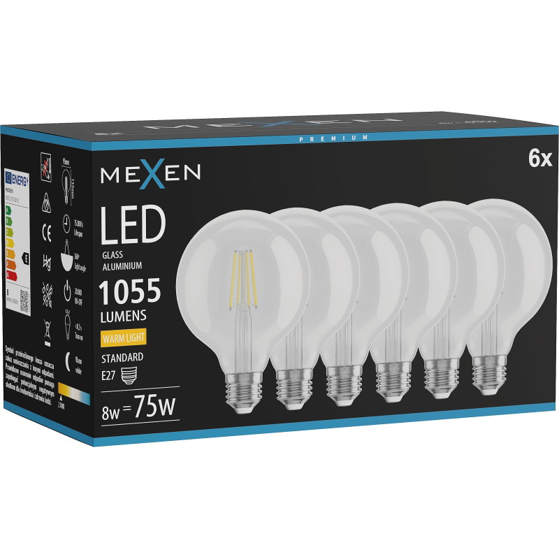Mexen Vintis 6x LED filamentová žiarovka E27, G95, 8W, Teplá - 2700K, 1055 lm, číra - L157-E27-0827-00x06