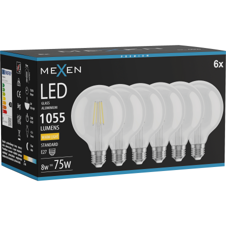 Mexen Vintis 6x LED filamentová žiarovka E27, G95, 8W, Teplá - 2700K, 1055 lm, číra - L157-E27-0827-00x06