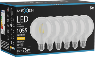 Mexen Vintis 6x LED filamentová žiarovka E27, G95, 8W, Teplá - 2700K, 1055 lm, číra - L157-E27-0827-00x06