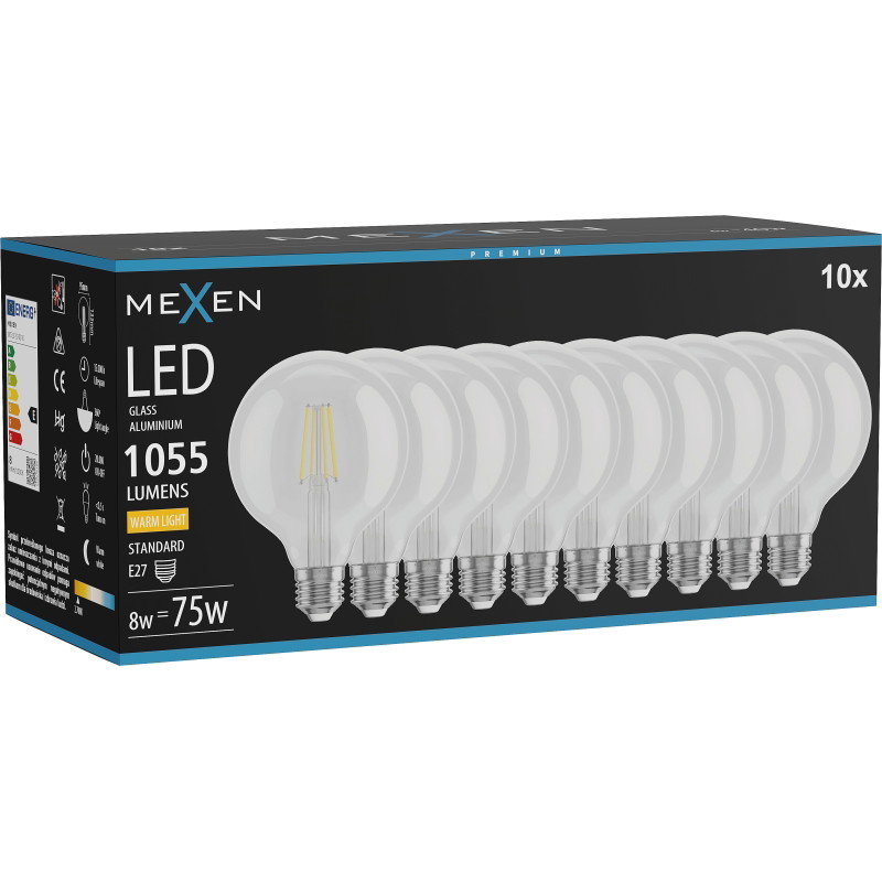 Mexen Vintis 10x žiarovka filament LED E27, G95, 8W, Teplá - 2700K, 1055 lm, číra - L157-E27-0827-00x10