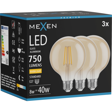Mexen Vintis 3x Žiarovka filament LED E27, G95, 8W, Teplá - 2700K, 750 lm, amber - L157-E27-0827-50x03