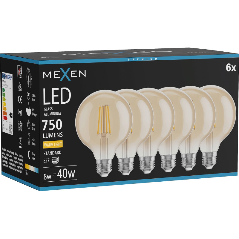 Mexen Vintis 6x LED filamentová žiarovka E27, G95, 8W, Teplá - 2700K, 750 lm, jantár - L157-E27-0827-50x06