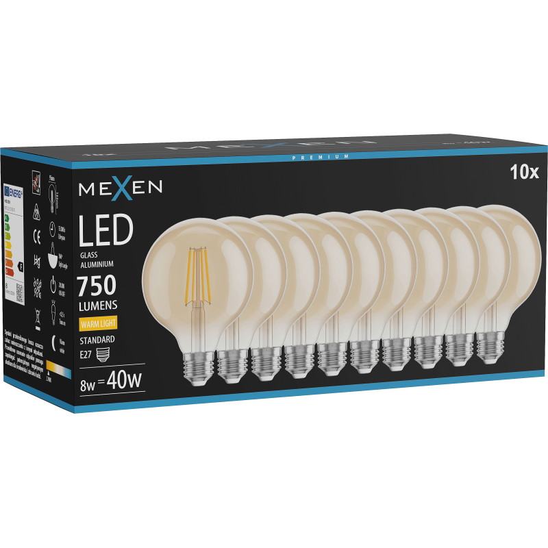 Mexen Vintis 10x žiarovka filament LED E27, G95, 8W, Teplá - 2700K, 750 lm, amber - L157-E27-0827-50x10