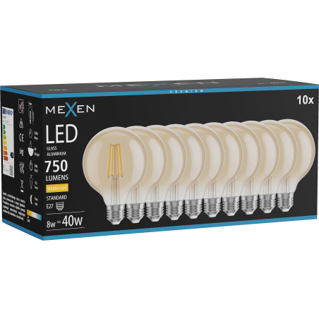 Mexen Vintis 10x žiarovka filament LED E27, G95, 8W, Teplá - 2700K, 750 lm, amber - L157-E27-0827-50x10
