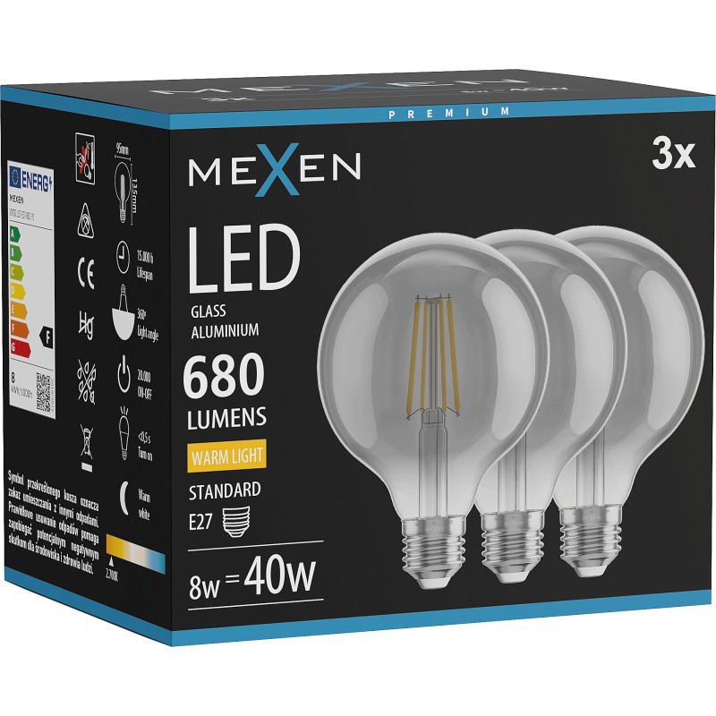 Mexen Vintis 3x žiarovka filament LED E27, G95, 8W, Teplá - 2700K, 680 lm, dymová - L157-E27-0827-70x03