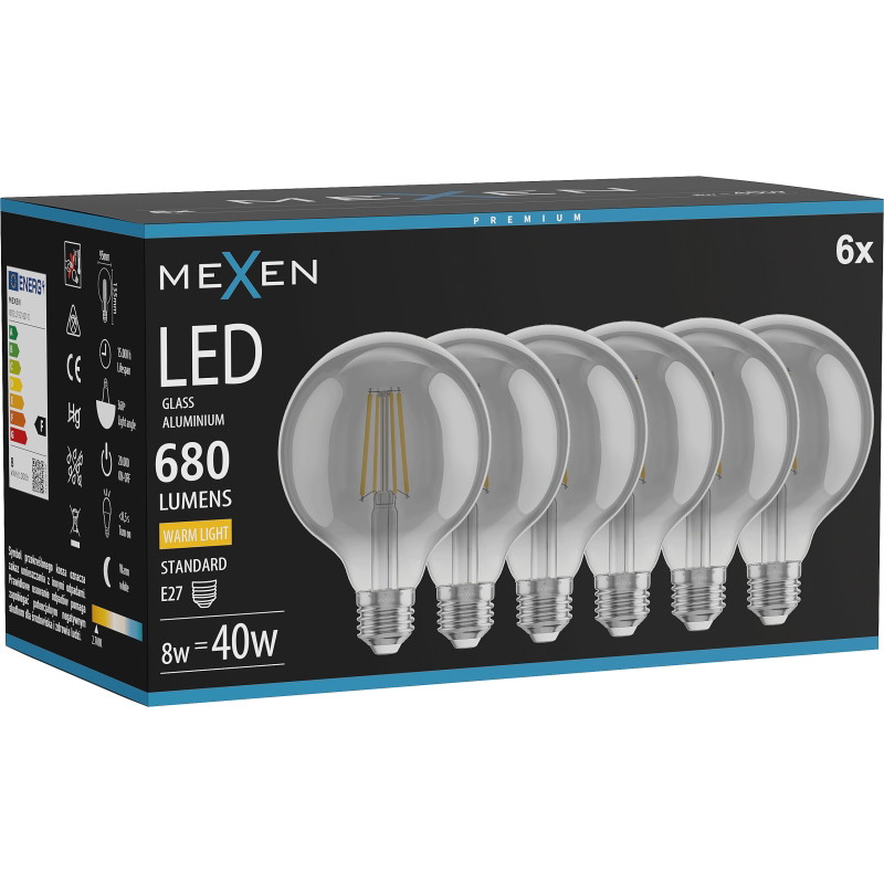 Mexen Vintis 6x Žiarovka filament LED E27, G95, 8W, Teplá - 2700K, 680 lm, dymová - L157-E27-0827-70x06