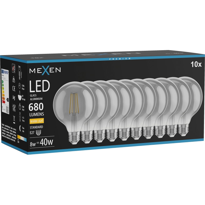 Mexen Vintis 10x žiarovka filament LED E27, G95, 8W, Teplá - 2700K, 680 lm, dymová - L157-E27-0827-70x10